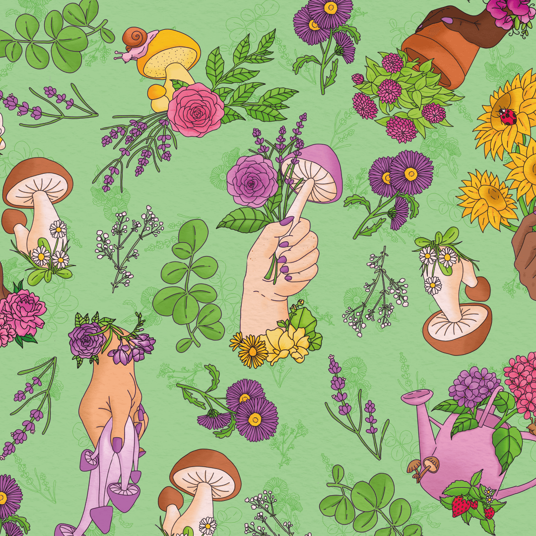 Secret Garden has mushrooms, flowers, watering cans and other greenery, some being held up by hands, on a pale green background.